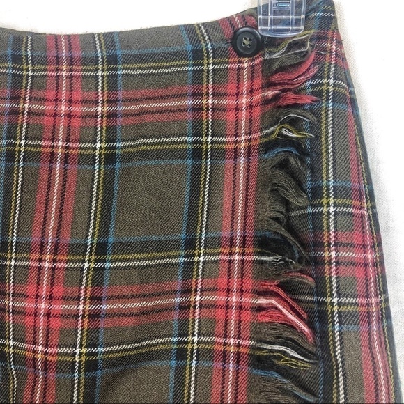 EUC-VINTAGE Rafaella Wool, Green/Orange Plaid, Fringe, Button Closure Wrap Skirt - Picture 2 of 8